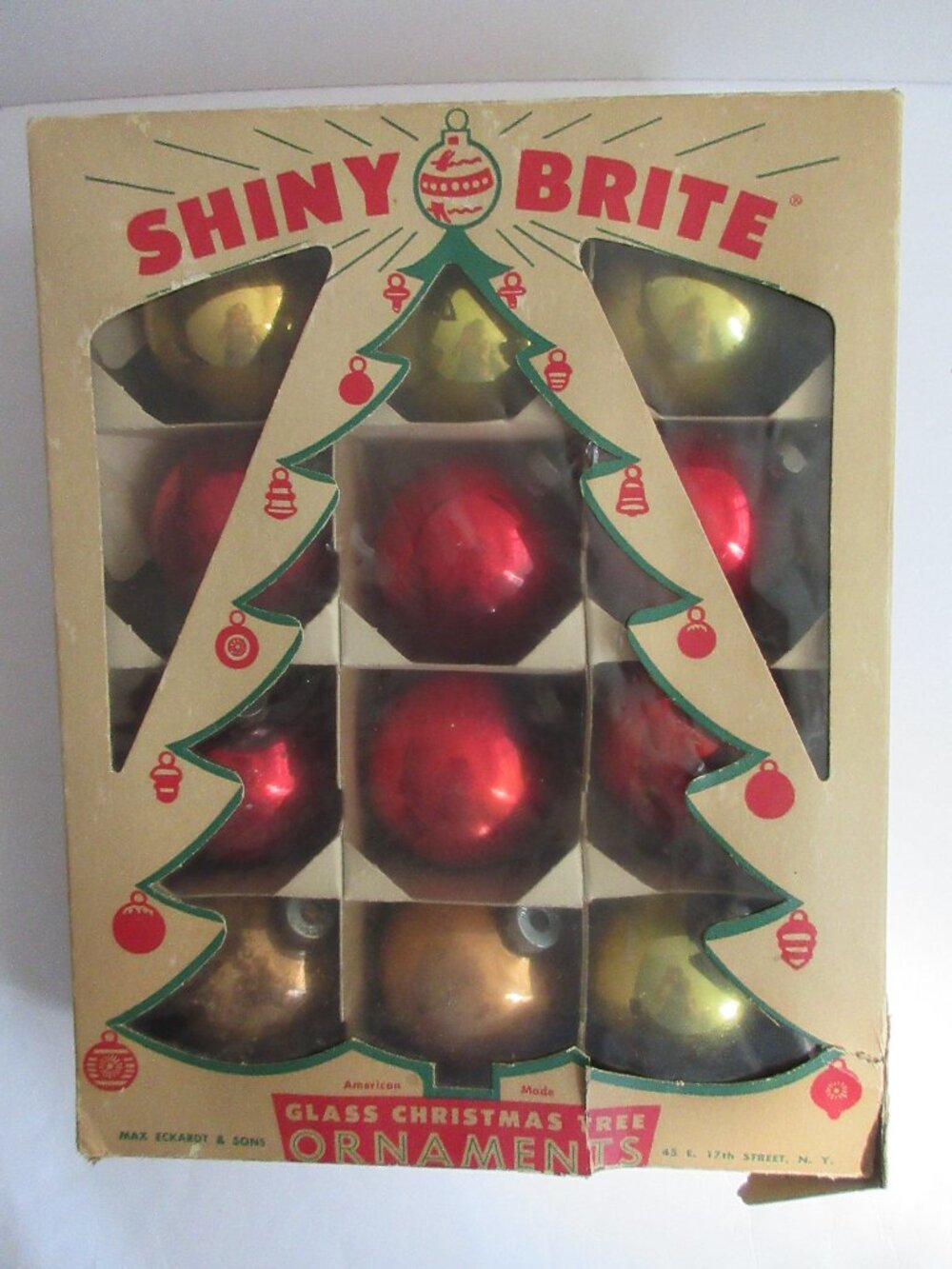 Shiny Brite Gold Red Amber Glass Christmas Tree Ornaments & Box Vintage